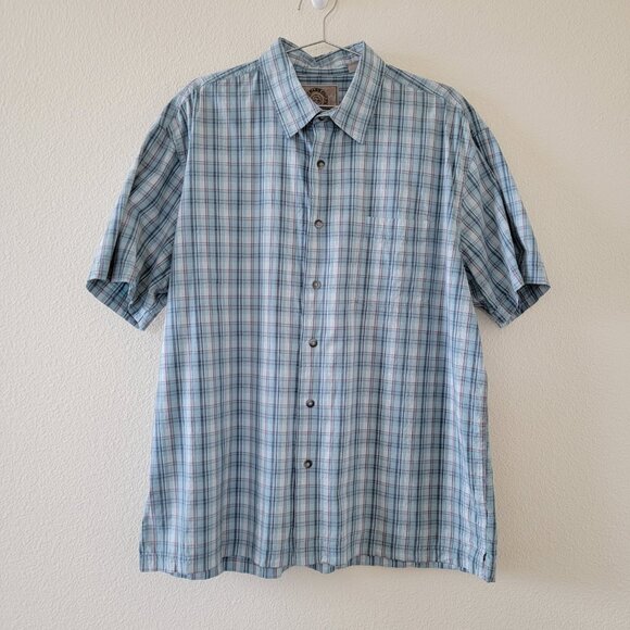 GH Bass Earth Plaid Button down Cotton Shirt Mens Size XL Blue Short Sleeve - Picture 1 of 11